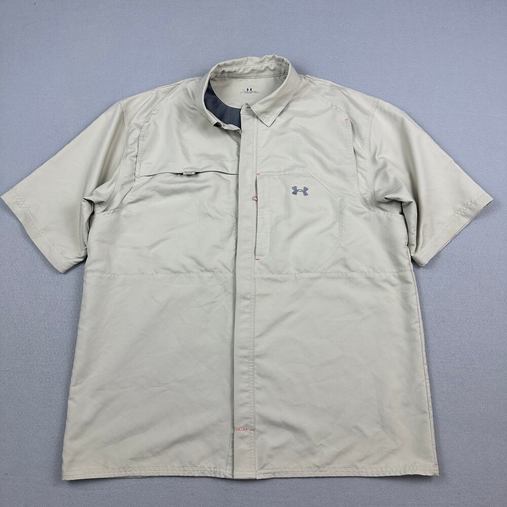 Under Armour Shirt Men Extra Large Beige Vented Short Sleeve Fishing Outdoor Top